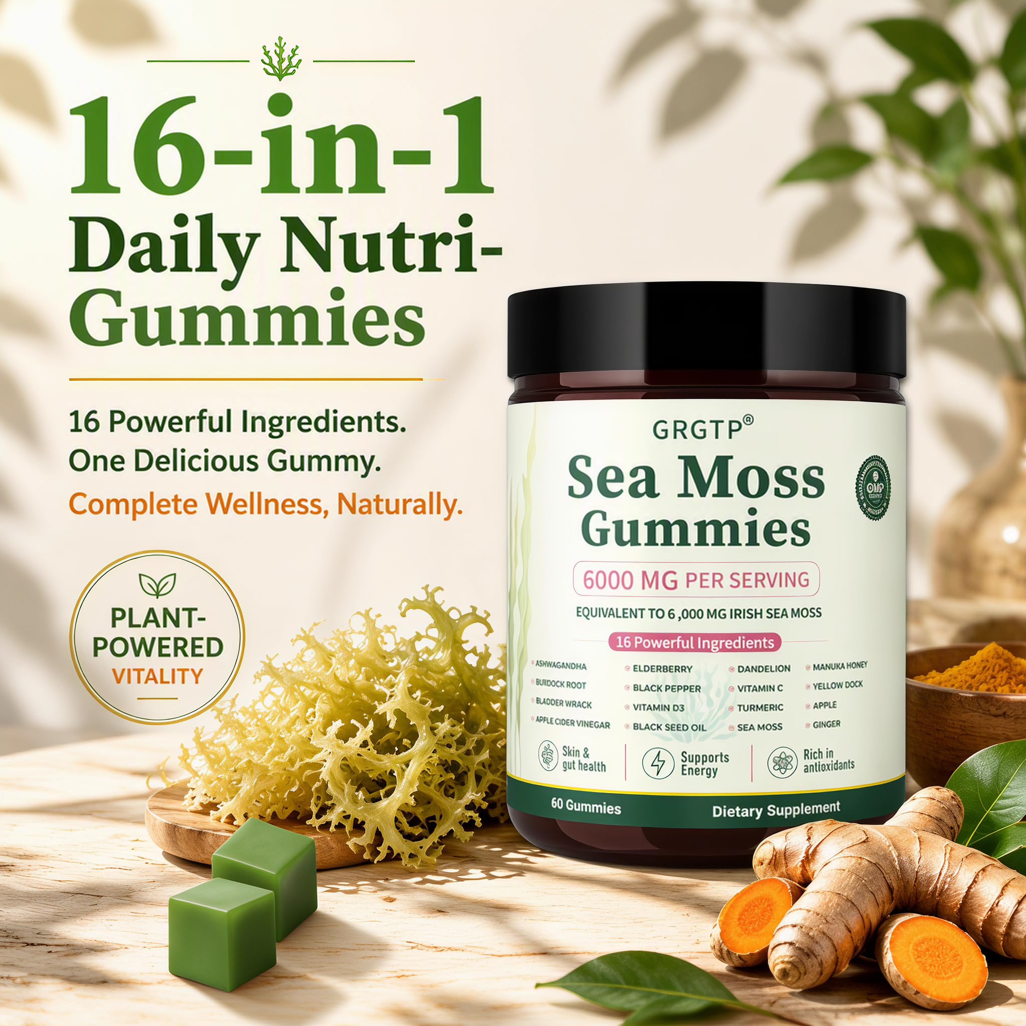 Sea Moss Gummies 16-in-1 - Ashwagandha Black Seed Oil Bladder Wrack Turmeric Vitamin C & D3 with Manuka Burdock Root Dandelion Yellow Dock Natural Detox & Liver Health Immune Support, Energy Boost — Amazon image 5