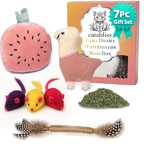 Catabliss - Cat Toys Bundle Pack Lama Drama and Watermellon Wiggles Catnip Filled Bundle Pack, with 3 Mice and 1 Silvervine Stick - Lama Drama Watermellon Wiggle Bundle