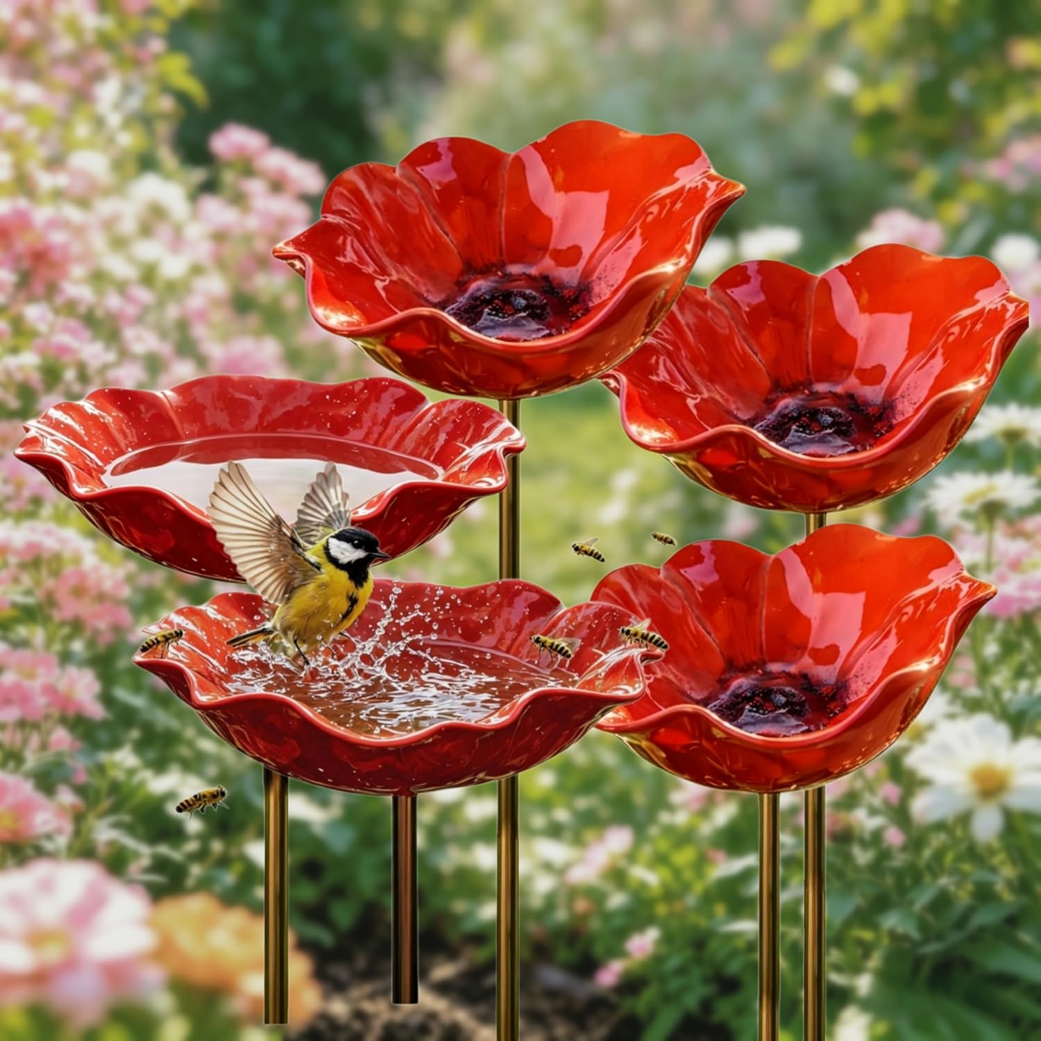 Metal Flower Garden Stakes Bird Bath Handmade, Bee Watering Station, Bees Bath for Garden Bee Water Feeder Flower Design, Colorful Butterfly Bees Bath Bowl for Outdoor Yard Decor (A-Red Five Pcs)