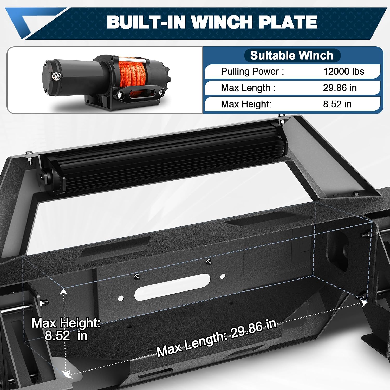 14-21 Tundra Front Bumper Full Width Offroad Bumper w/Winch Plate, 144W Light Bar, 4x18w Lights, D-rings, License Plate Bracket for 2014-2021 Tundra Pickup Trucks