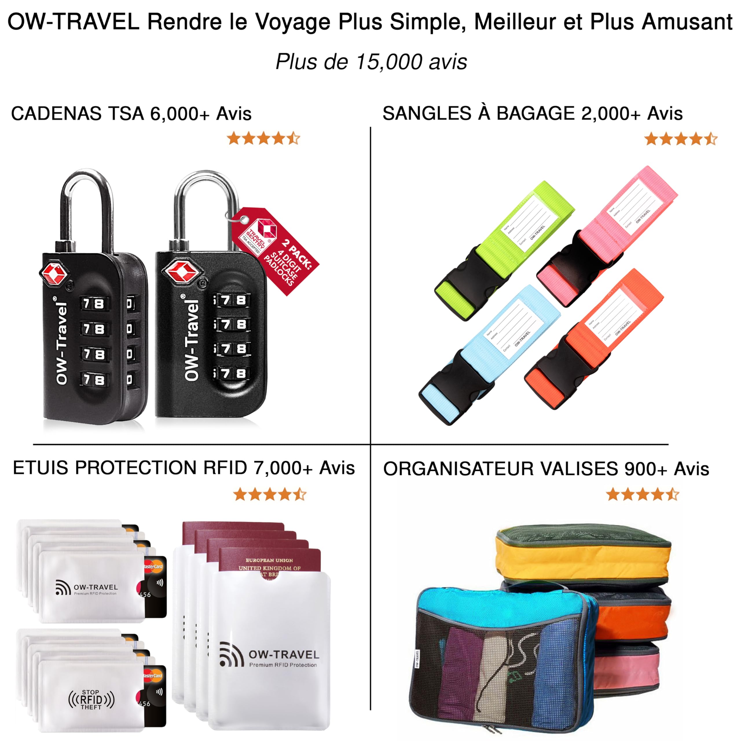 OW-Travel Organisateur de Valise Compressible (4 pièces, Moyen, Noir) Organisateur Valise, Sac de Compression Voyage. Organiseurs de Bagage, Pochette Rangement Voyage pour Sac à Dos. Packing Cubes