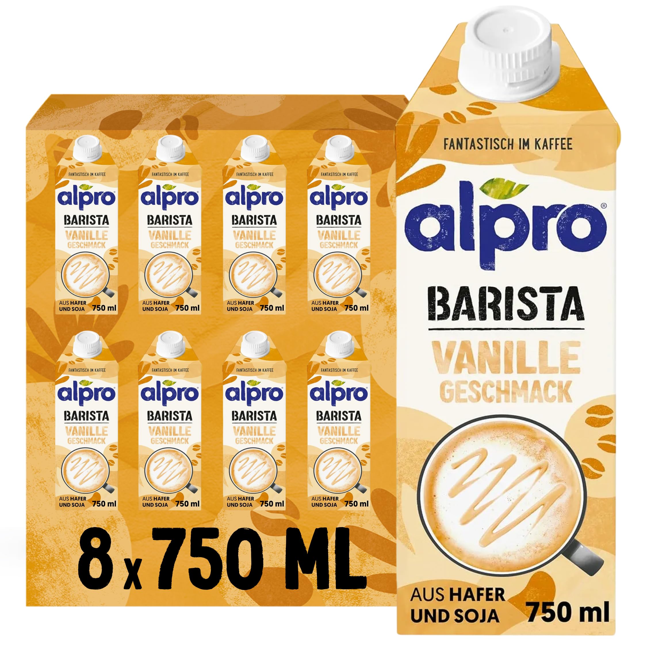 Alpro Barista Vanille – Zum Aufschäumen – Von Natur aus laktosefrei – Reich an Ballaststoffen, Calcium und Vitaminen – 8 x 750 ml – Haltbar