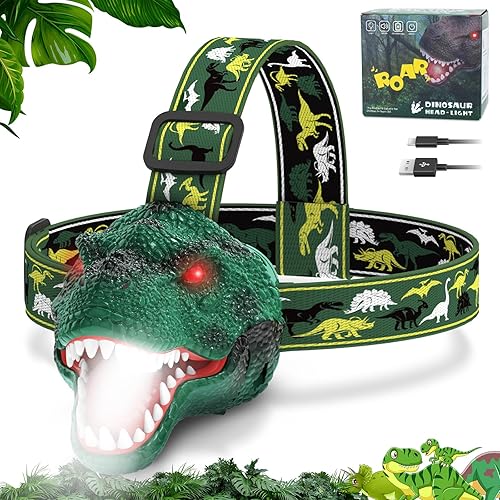 Miniatura 14 de Linterna frontal de dinosaurio para niños, linterna LED recargable con modo rugido y silencioso, juguetes de dinosaurio T-Rex para niños de 3-5,