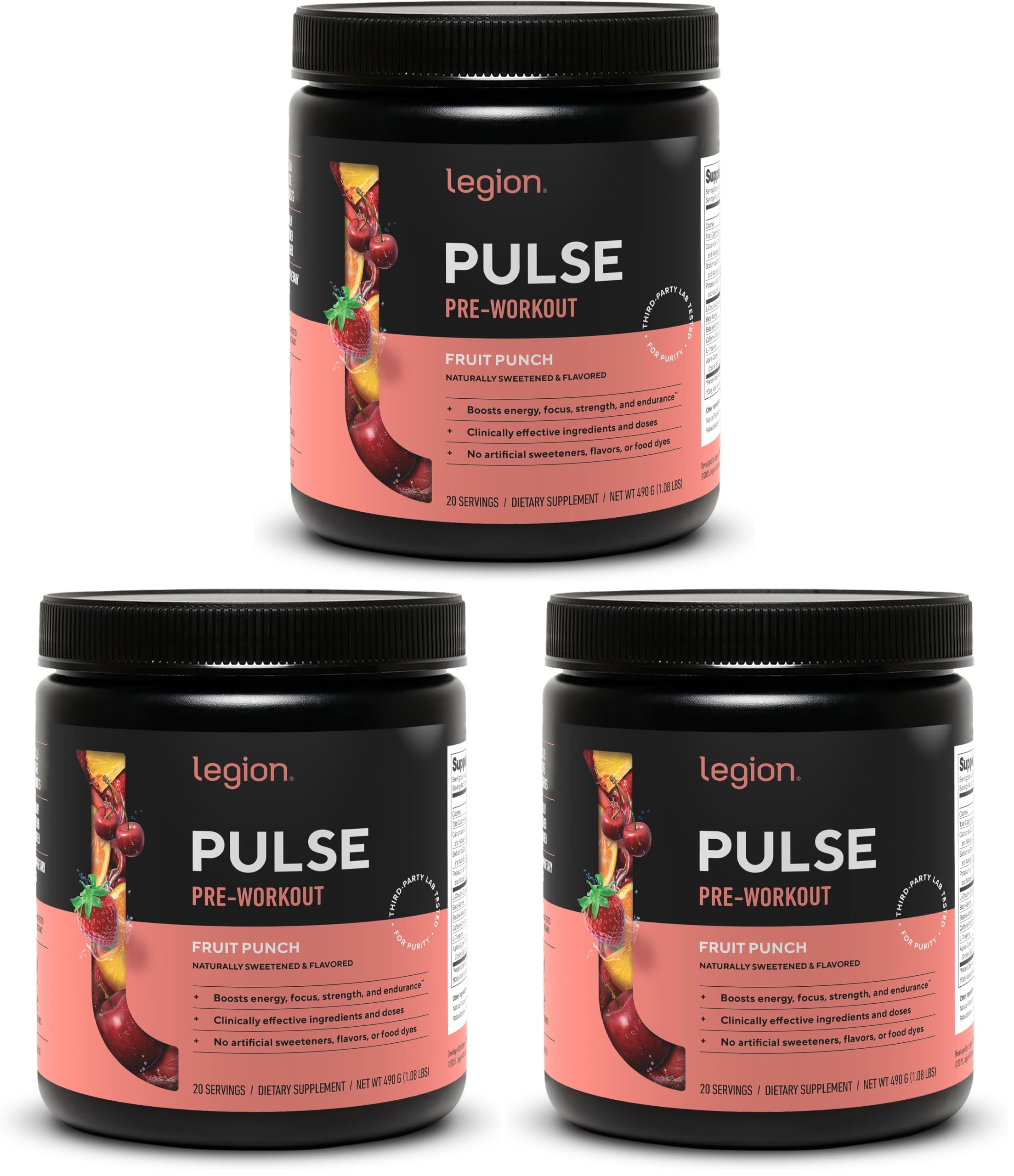 LEGION Pulse Pre Workout Supplement - All Natural Nitric Oxide Preworkout Drink to Boost Energy, Creatine Free, Naturally Sweetened, Beta Alanine, Citrulline, Alpha GPC (Fruit Punch) (Pack of 3)