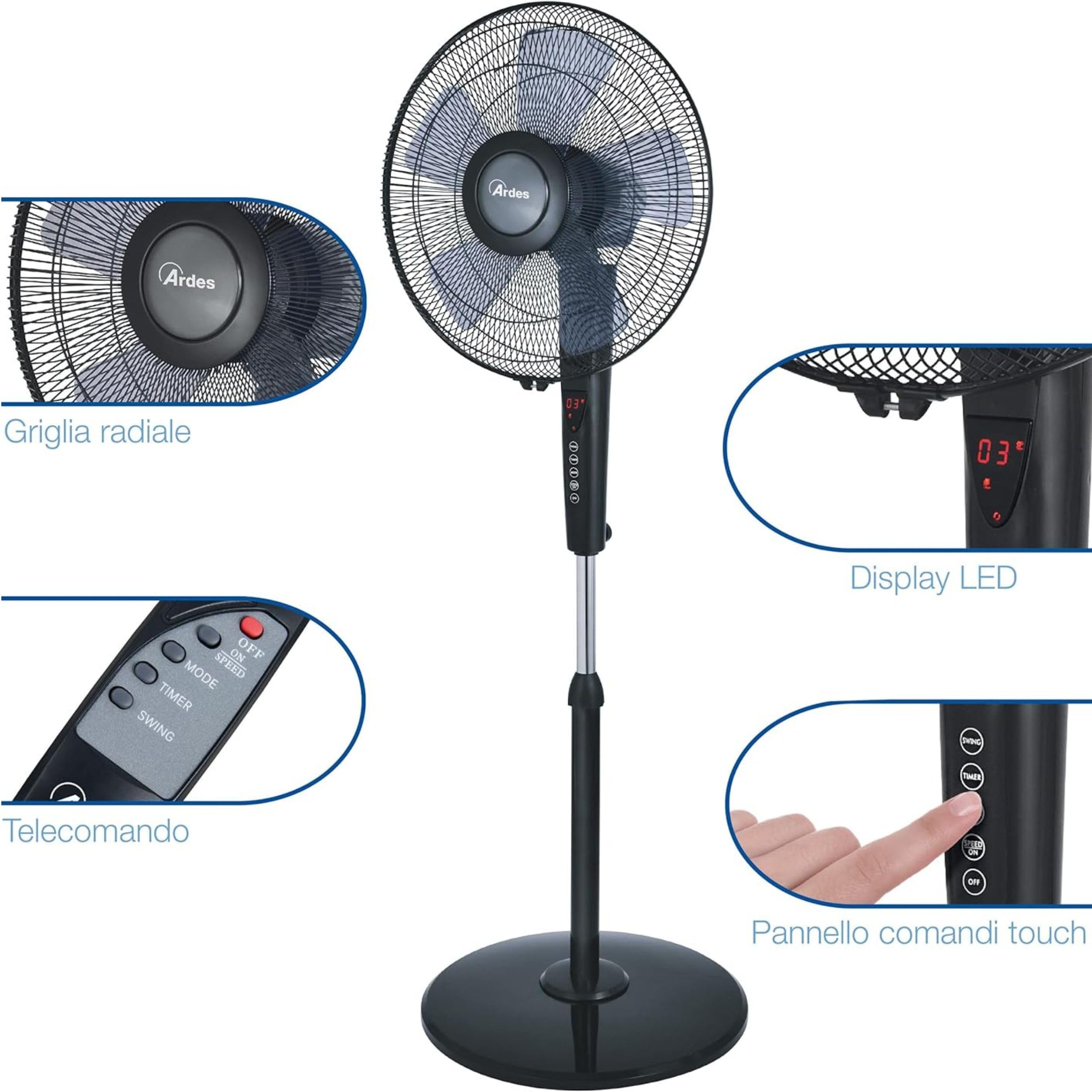 ARDES|AR5S41PBT Ventilatore a Piantana con Telecomando,Timer eComandi Touch Silenzioso e Potente 5 Pale 40cmOscillante con Altezza e Inclinazione Regolabile Ventilatore a SteloArdes 3Velocità Modello