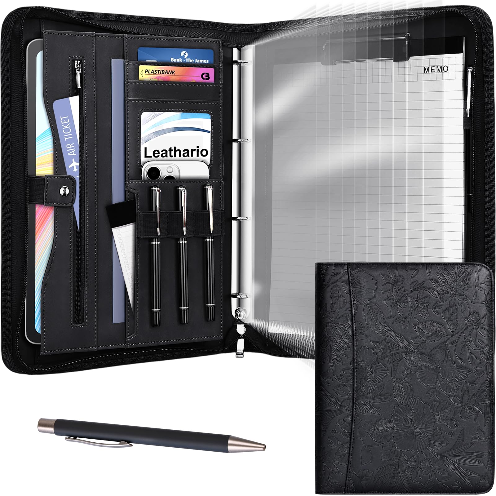 Leathario Portfolio Folder A4, Embossed Vegan Leather Conference Folder with Notepad, Includes 10 Clear Sheet Protectors and a Pen, A4 Leather File Folder, Travel Document Holder, Office Suppilies