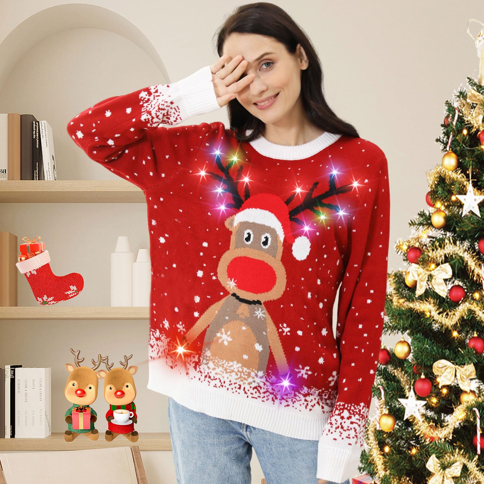 Maglione Natalizio con Luci LED, Maglioni Natalizi Famiglia Set, Brutti Maglione Natalizio Uomo Donna Ugly Christmas Sweater, One Piece Manica Lunga Maglia Natale Maglione di Natale per Coppia