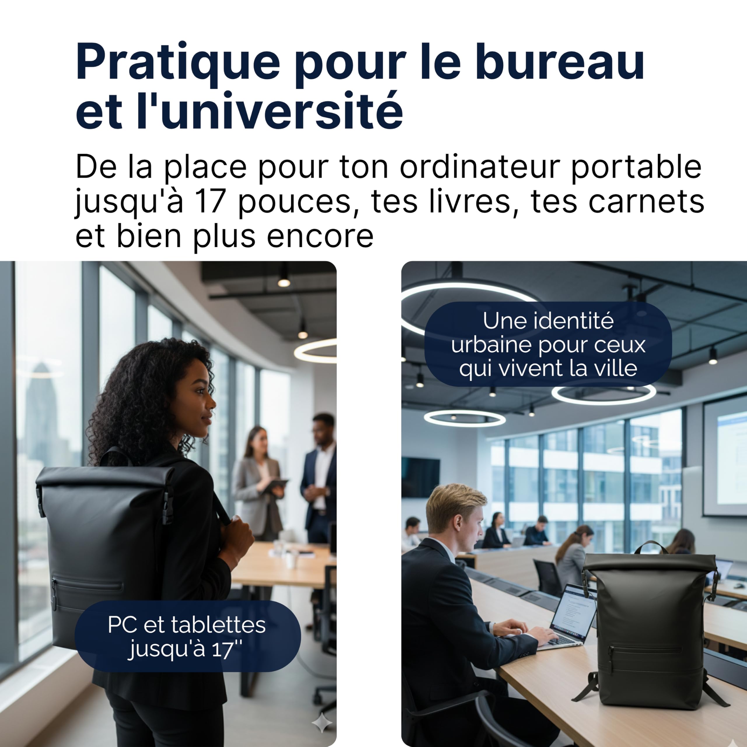 MASC Sac à dos Rolltop pour bureau, sac à dos de travail, porte-PC 17 pouces, élégant et imperméable, parfait pour homme et femme