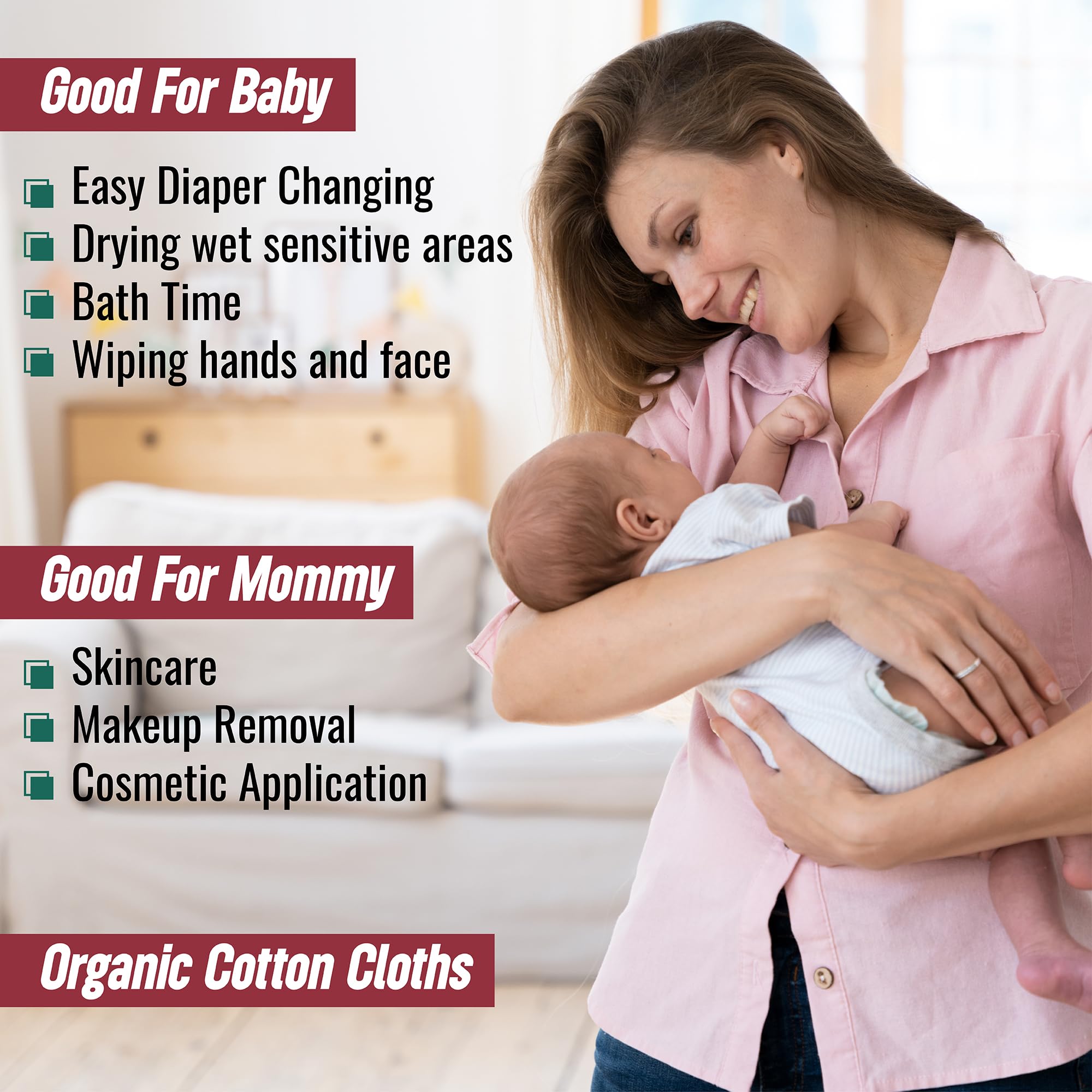 Toallitas secas de algodón orgánico para cambio de pañales de bebé y tiempo de baño, paños gruesos y absorbentes, suaves, almohadillas de algodón 100% orgánico para bebé, toallitas de algodón extra