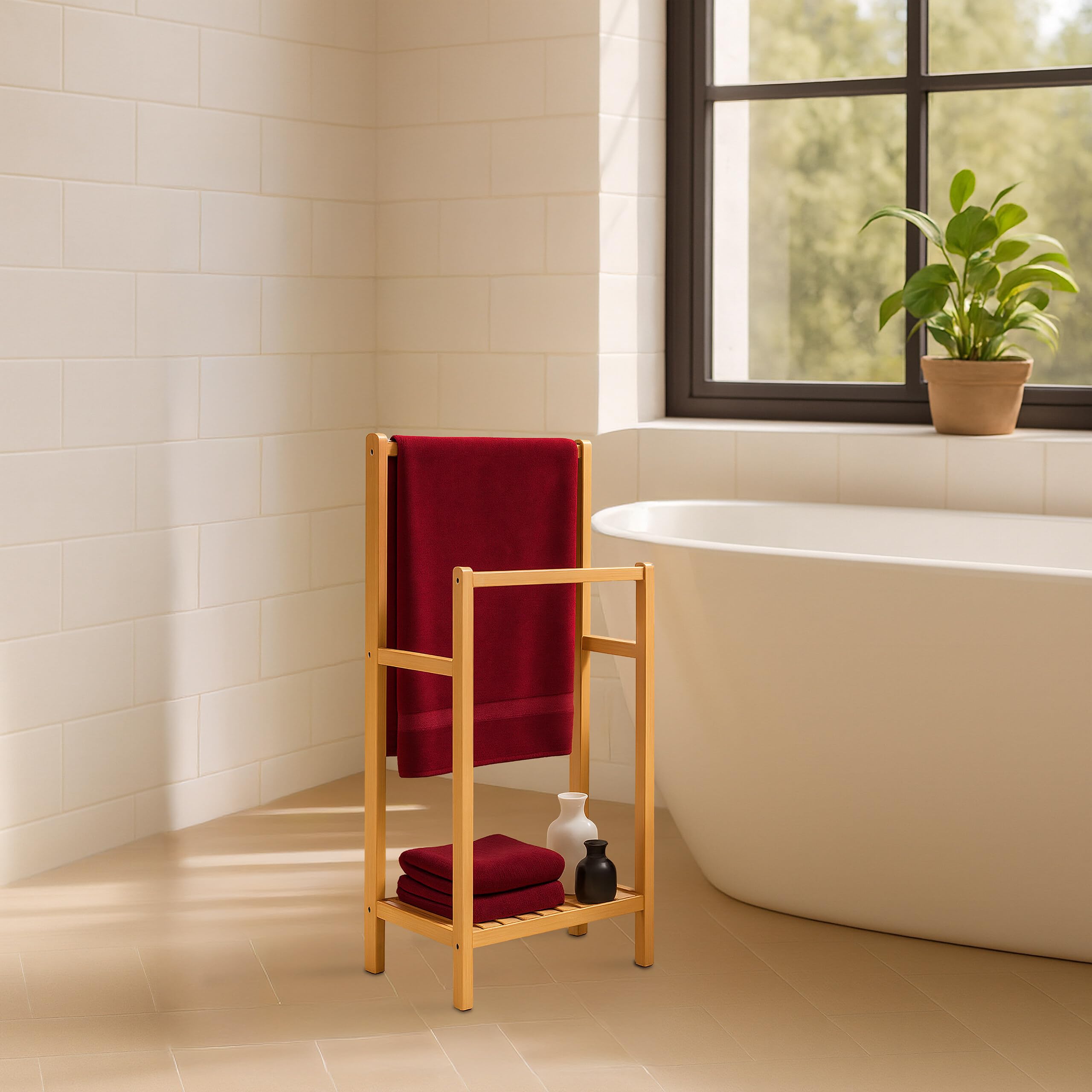 Relaxdays Porta Asciugamani in bambù, 2 aste, con ripiano, HLP: 77,5 x 42 x 24 cm, autonomo, Naturale