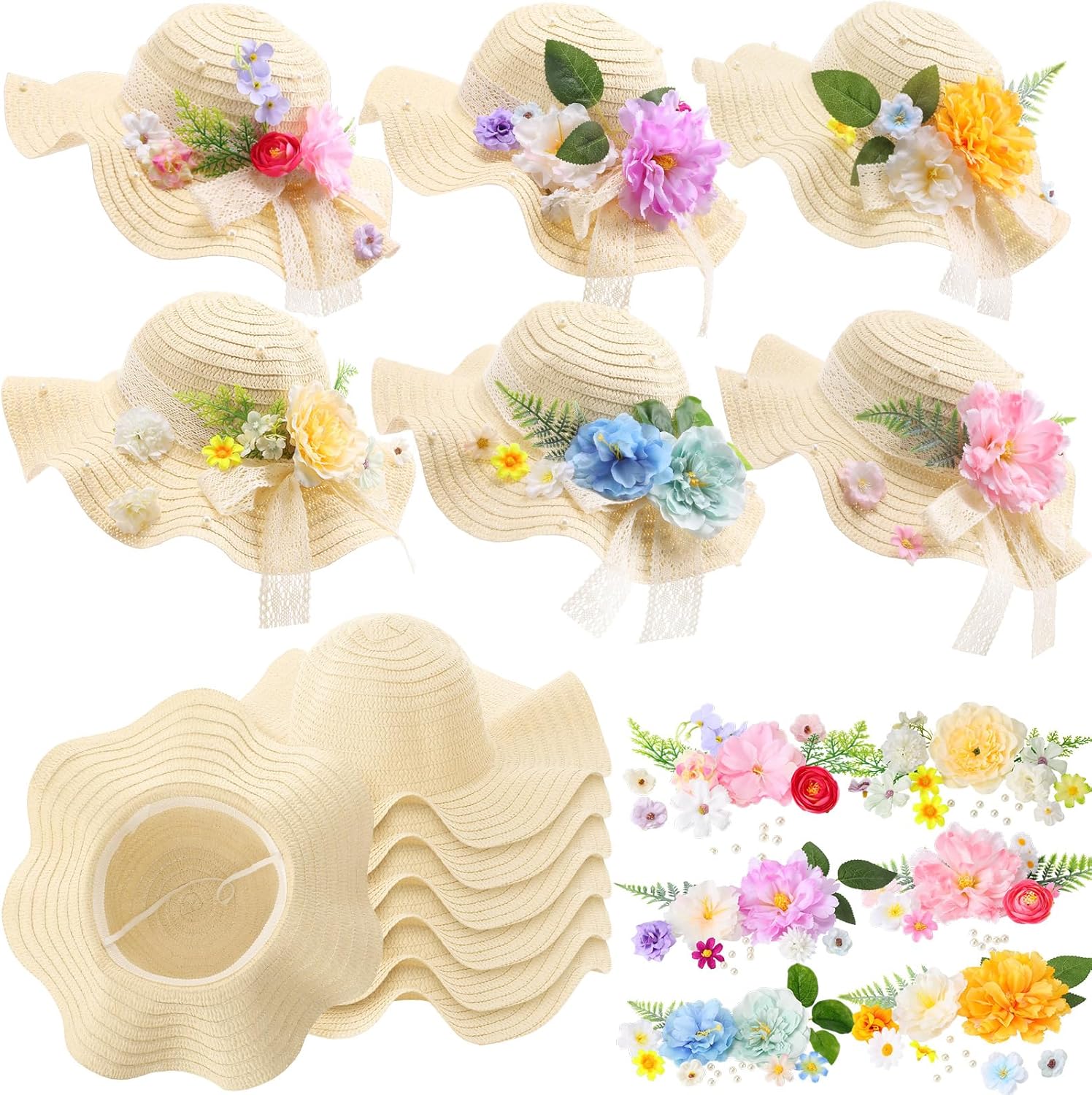 6 Sets DIY Tea Party Straw Hats Kit DIY Straw Hat for Women Blank Sun Hats