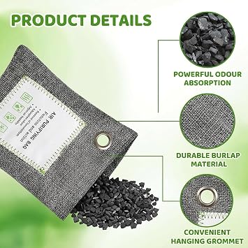 Activated Charcoal Odour Absorber, 4pcs Charcoal Odour Absorber With 2 Hooks, Activated Charcoal, Effective Air Freshener for Home, Bathrooms, Wardrobes, Pet and Car