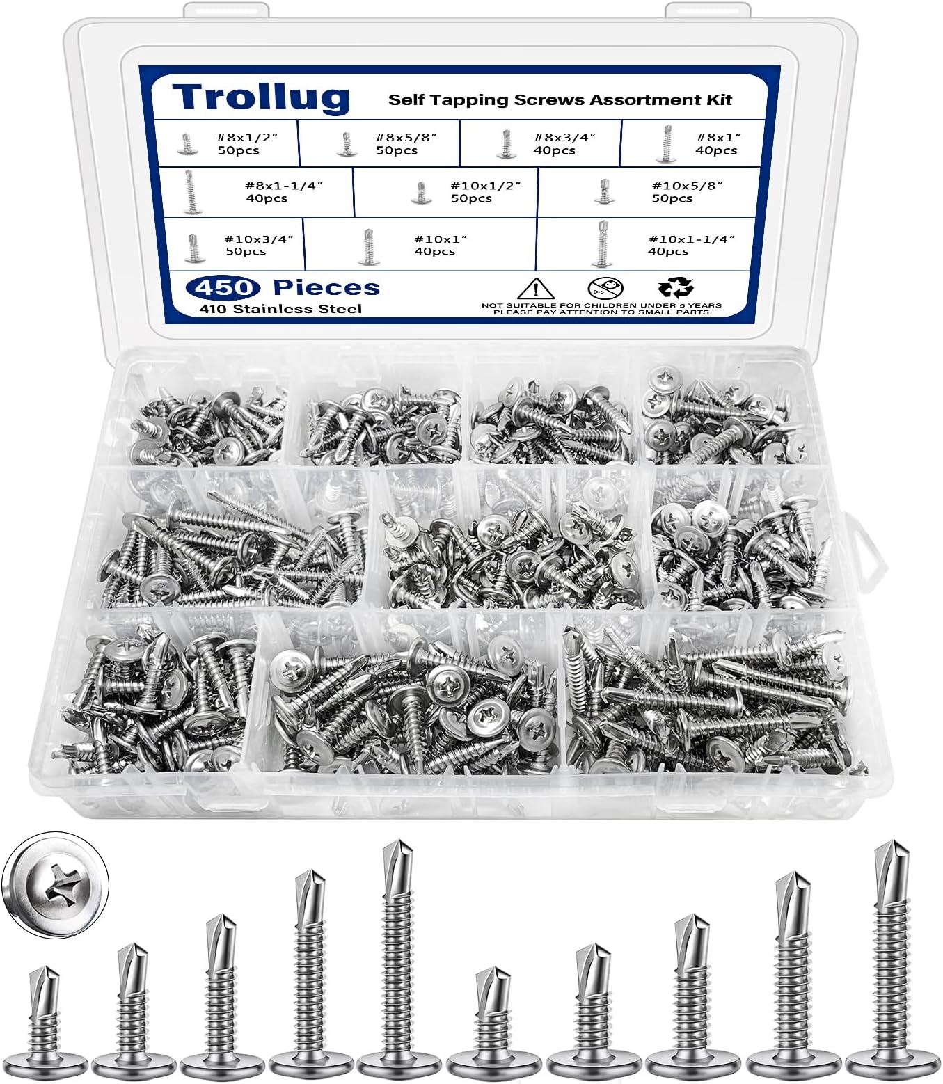 450PCS Self Tapping Screws for Metal, 410 Stainless Steel Self Drilling Screw...