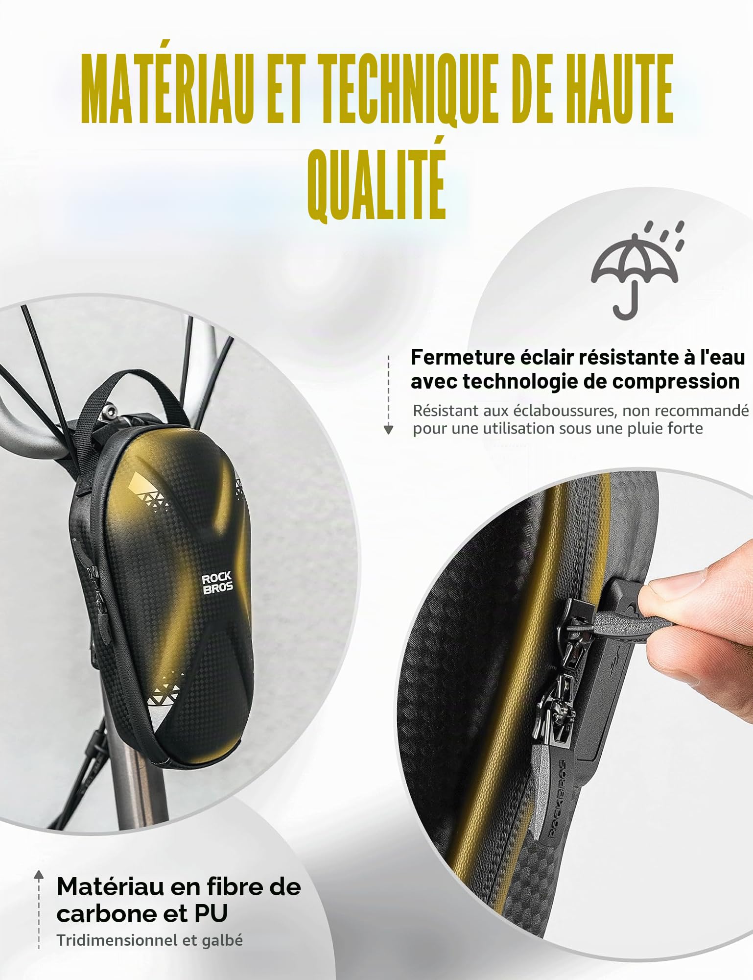 ROCKBROS Sacoche Guidon Trotinette Électrique 1,3L Sac Avant Vélo Pliant VTT Port Charge USB+Type-C Réfléchissant Coque Dure Fibre Carbone Étanche PU Compartiment Filet 4 Sangle Scratch Portable Noir