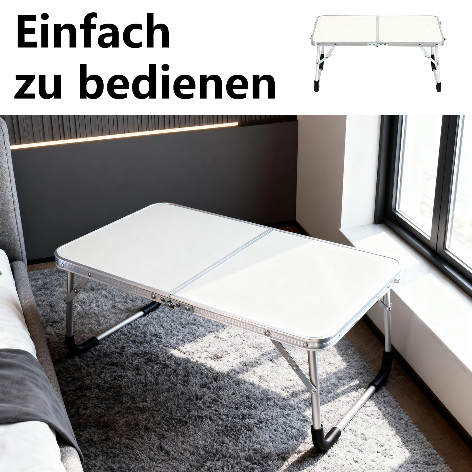 Kleiner Klapptisch, 61 x 40 x 26 cm Aluminium Laptoptisch Klappbar, Tragbar Betttablett Klappbar mit Griff, Campingtisch kleinklappbar, für Picknicks und Camping, Weiß