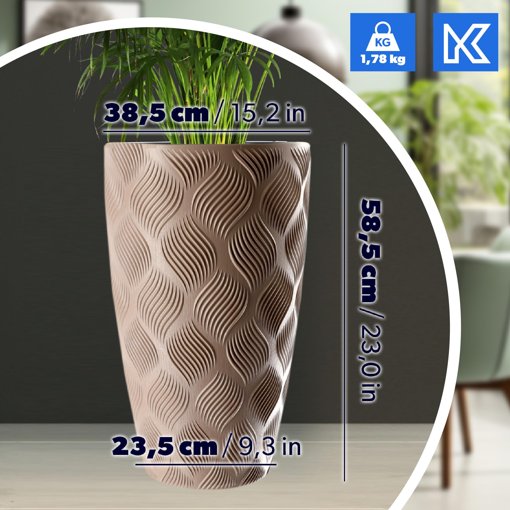 KADAX Blumentopf mit Einsatz und Griffen, Pflanzkübel aus Kunststoff in 5 Größen, UV-Resistenter Topf, Wetterbeständige Pflanzvase hoch, Topf mit 3D Effekt (Beige Höhe: 58,5 cm)