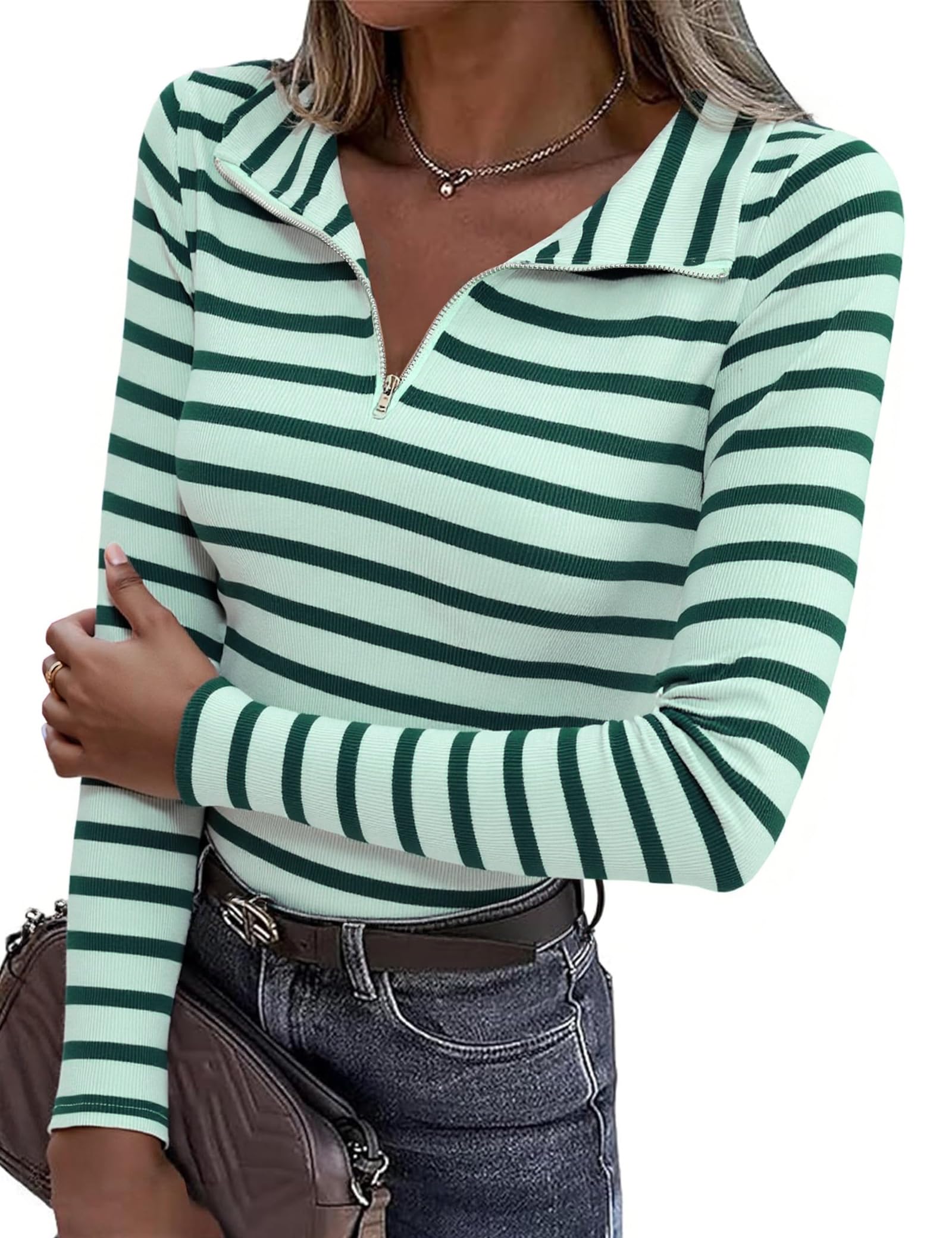 Aottori Pullover Damen Gestreiftes Langarmshirt Baumwolle Polo V-Ausschnitt Half Zip Shirt Langarm Ringelshirt Oberteile Elegant Herbst Winter Tee Shirts Tops