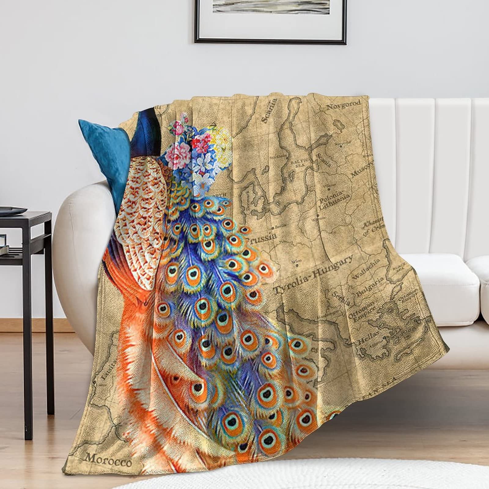 Couverture polaire antistatique en microfibre douce anti-poussière motif paon rétro
