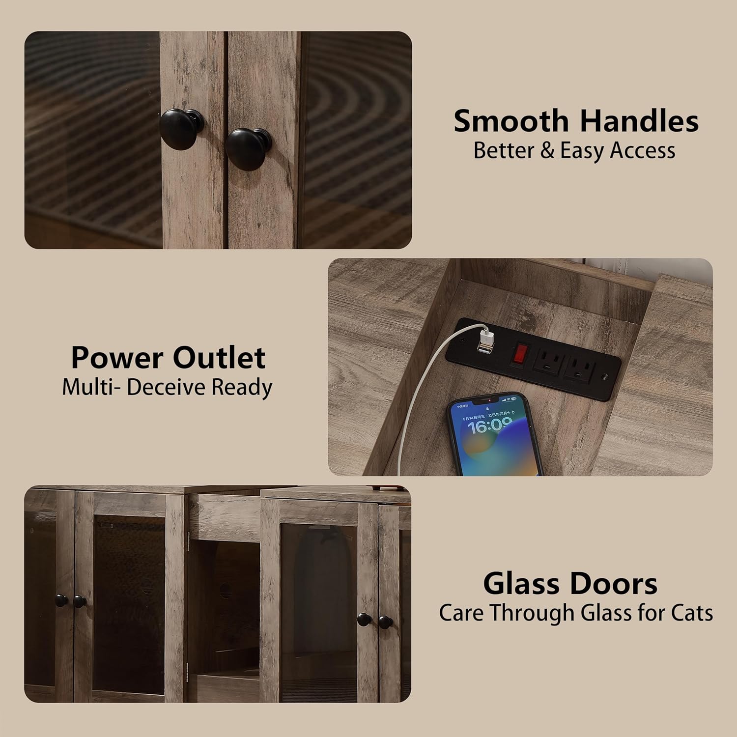 Double Cat Litter Box Enclosure for 2 Cats,Modern Double Litter Box Furniture With 7 Colors LED and Built-in Power Outlet,Cozy Cat Washroom Cabinet,4 Glass Doors For Better Viewing,Grey