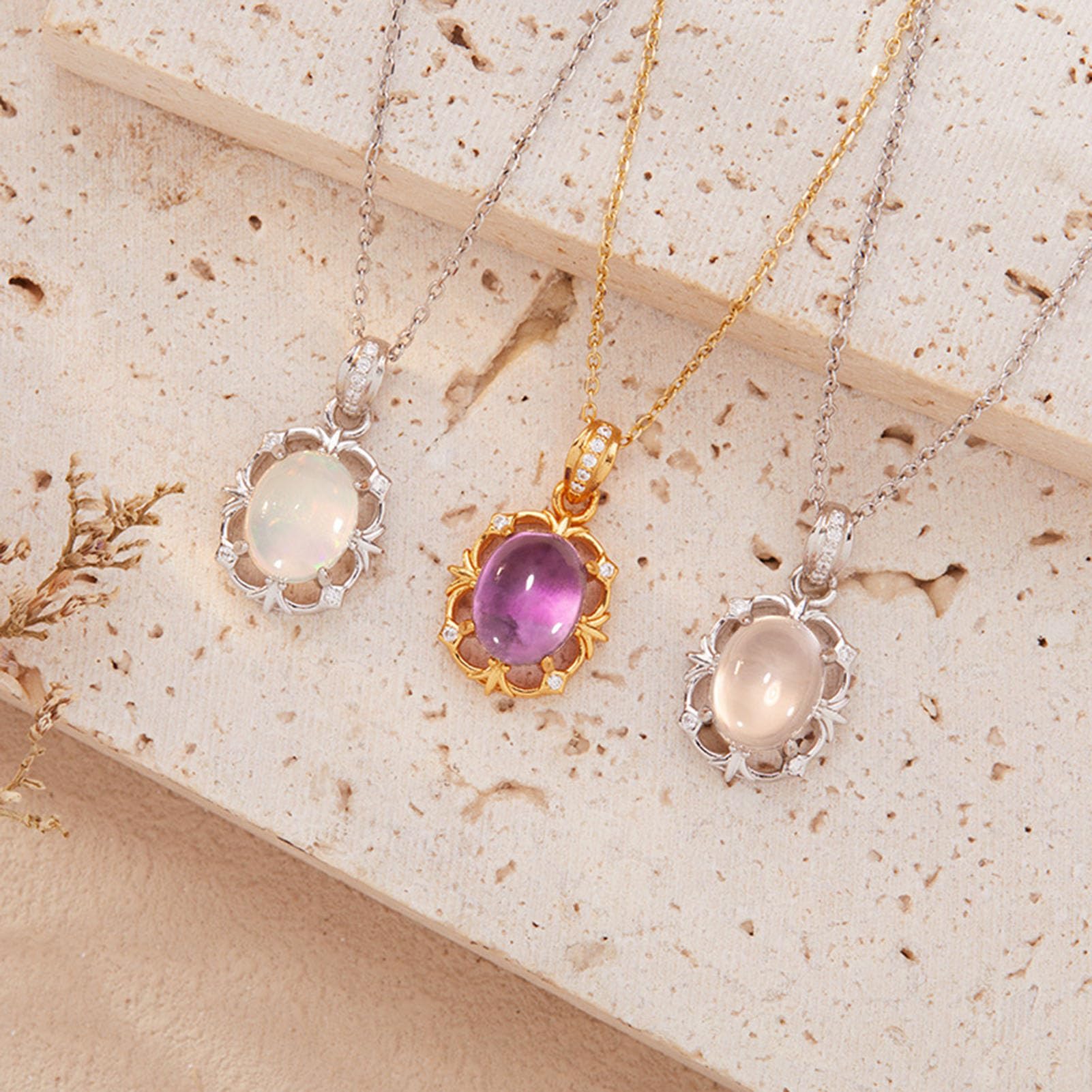 Collar de ópalo de amatista de cuarzo rosa natural – Joyería de cristal de tres piedras con cadena ajustable, regalo de piedras preciosas iridiscentes rosa púrpura para mujeres,Multi colored,A