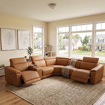 Power Reclining Sectional Sofa, with Cup Holders/Storage, 5 Seater L-Shaped Recliner Couch with USB Charging/Storage, Home Theater Seating, Leather Furniture for Living Room, House, Apartment