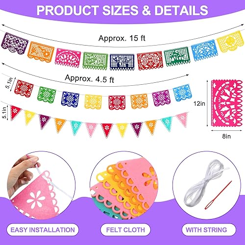 Miniatura 4 de Paquete de 10 caminos de mesa mexicanos de 14 x 84 pulgadas 29 pancartas de papel picado pancarta colgante de fiesta y banderín bandera colorida