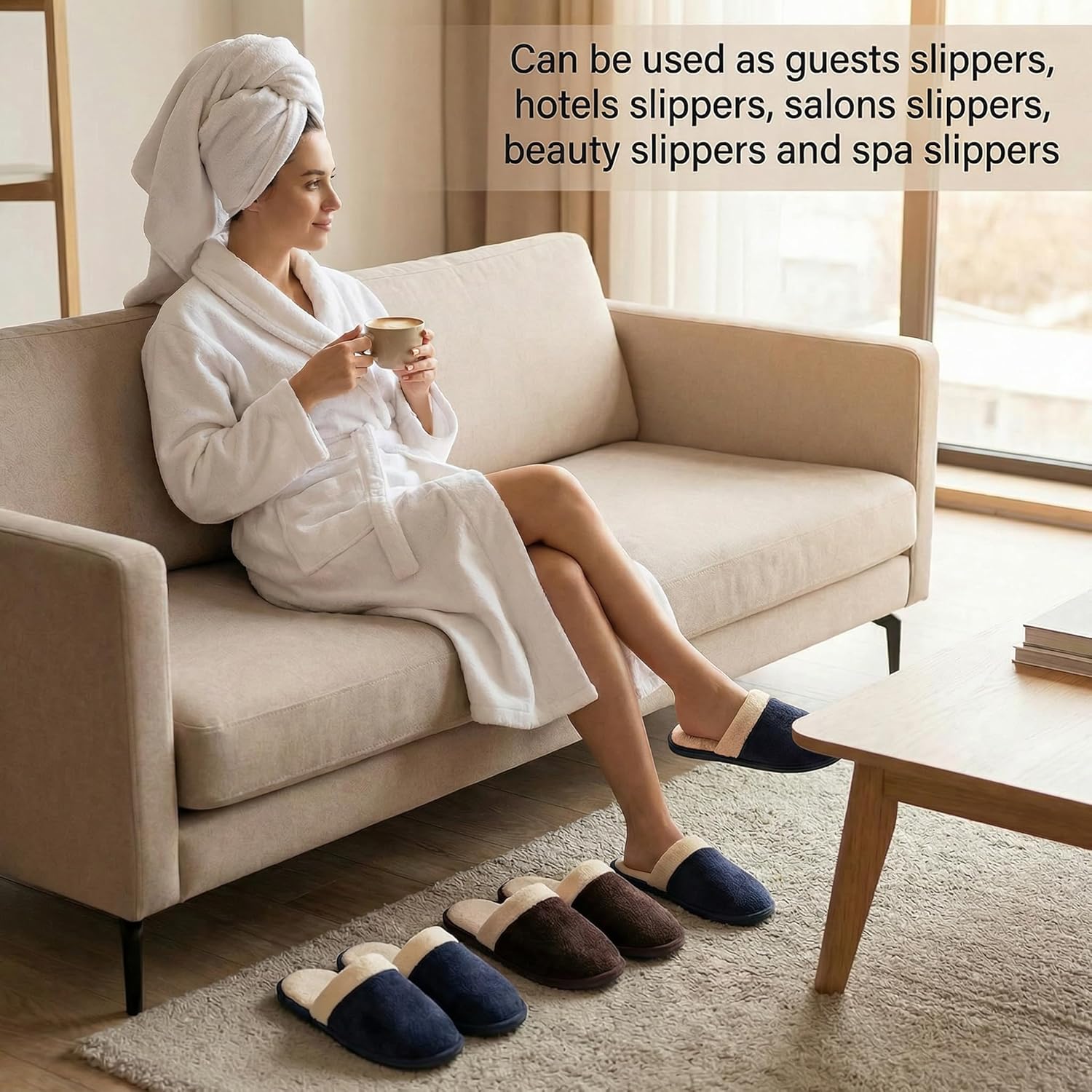 Goaste 8 Pairs Disposable Home Slippers, Non Slip Hotel Slippers, Washable Coral Fleece Spa Slippers, Closed-Toe Guest Slippers in 2 Colors for Men Women Guests, Home, Bathroom, Bedroom, Hotel, Travel - Image 8