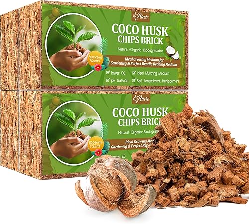 Paquete de 4 sustratos de chips de coco para plantas, ladrillo de cáscara de coco 100% orgánico de 4.4 libras con baja EC y pH equilibrado, sustrato