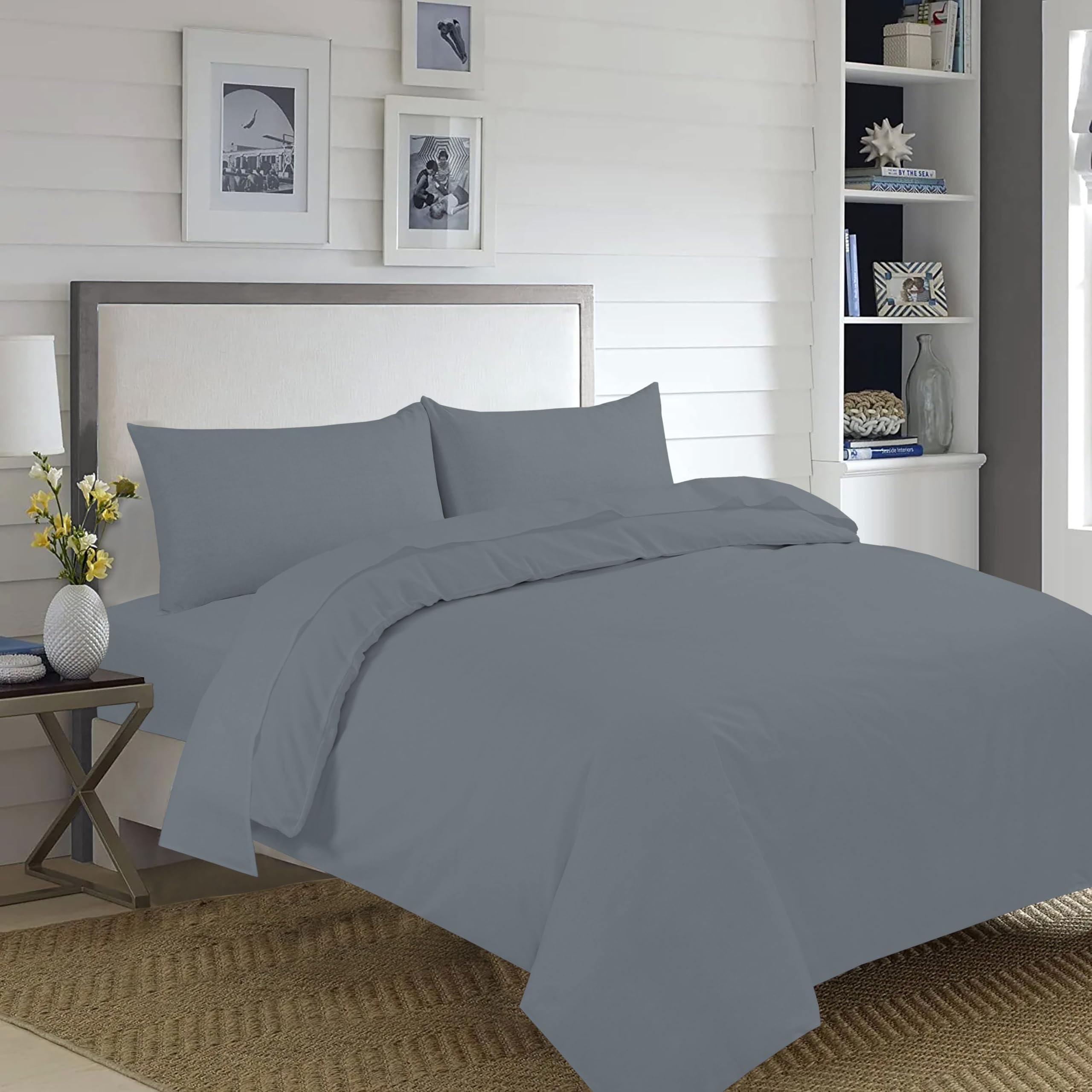 Home Living NON IRON Luxury Easycare Plain Dyed Duvet Cover & Pillow Case(s) Bedding Set (Grey, King Size Complete Set)