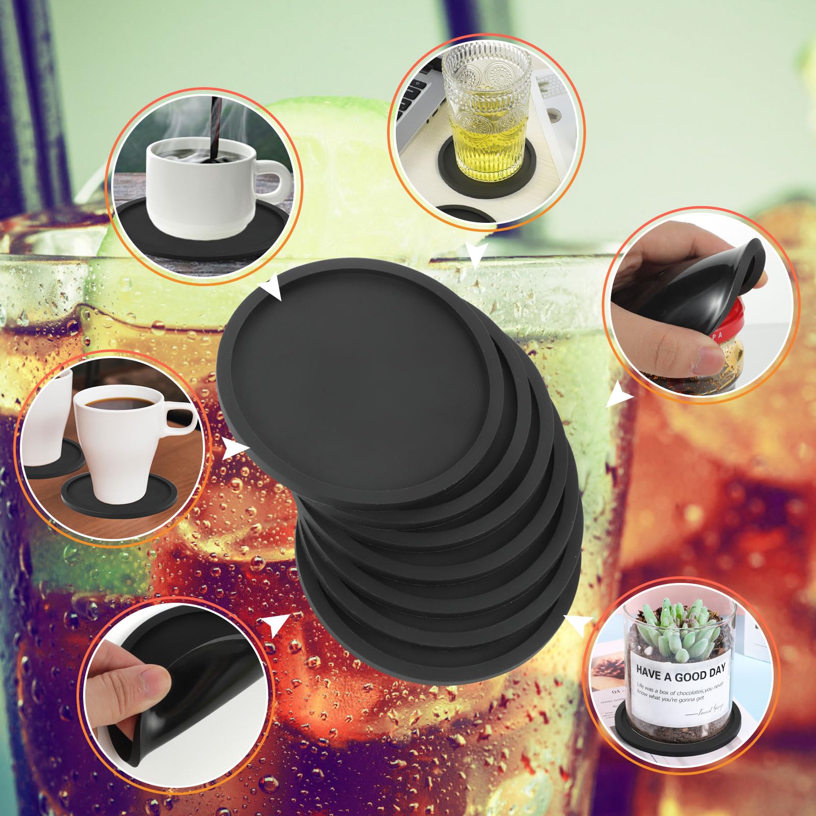 Valink 8 Sottobicchieri In Silicone Nero – Antiscivolo, Bordo Rialzato, 9,7x9,7 Cm – Proteggi Tavolo Da Macchie