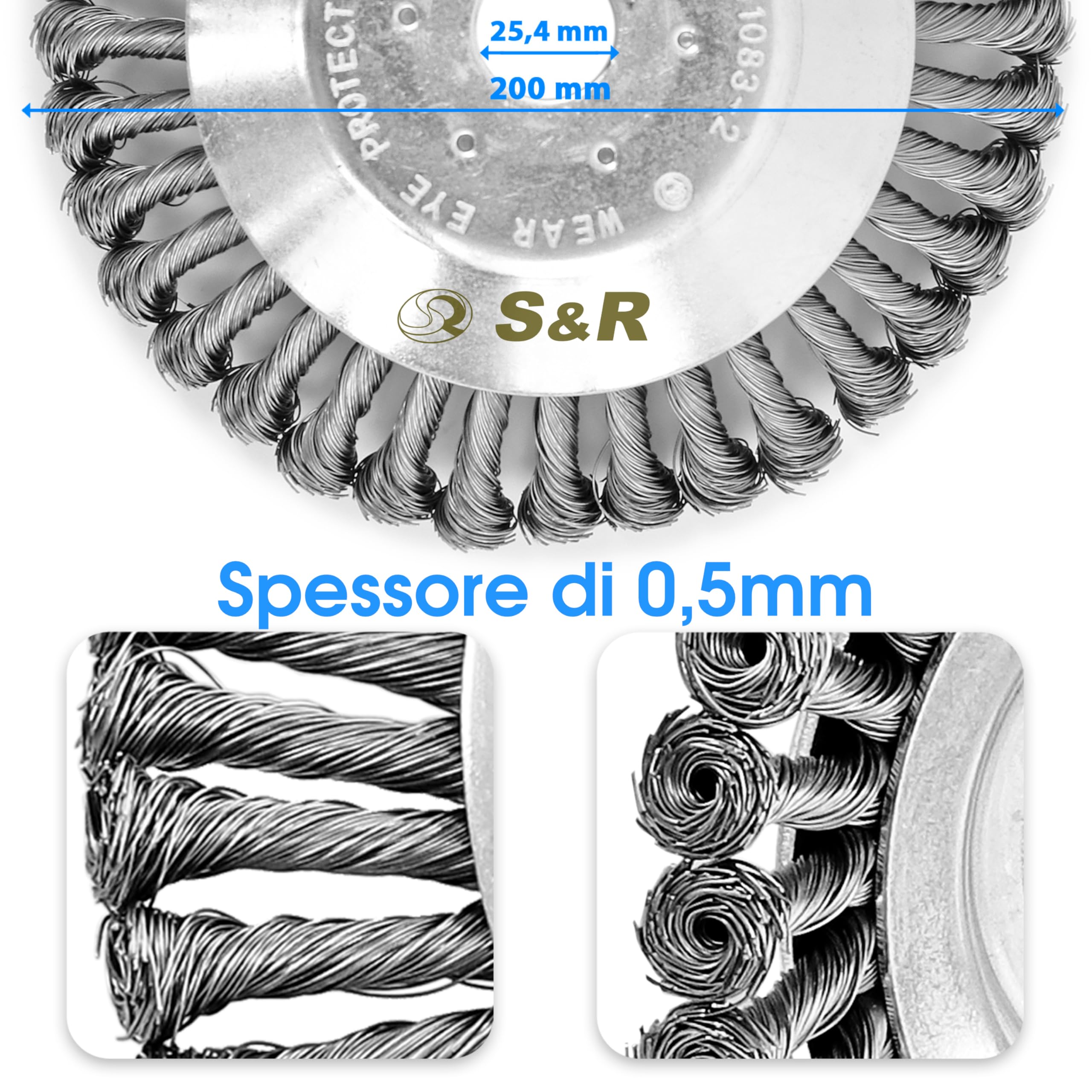 S&R Testina Spazzola Decespugliatore, Spazzola Acciaio Erbacce Disco Tosaerba 200mm Foro 25,4 mm.