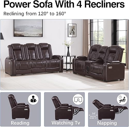 Miniatura 7 de THSUPER Juego de sofás reclinables eléctricos de cuero marrón tipo loveseat con almacenamiento en brazos y reposacabezas eléctrico, juego de sofá
