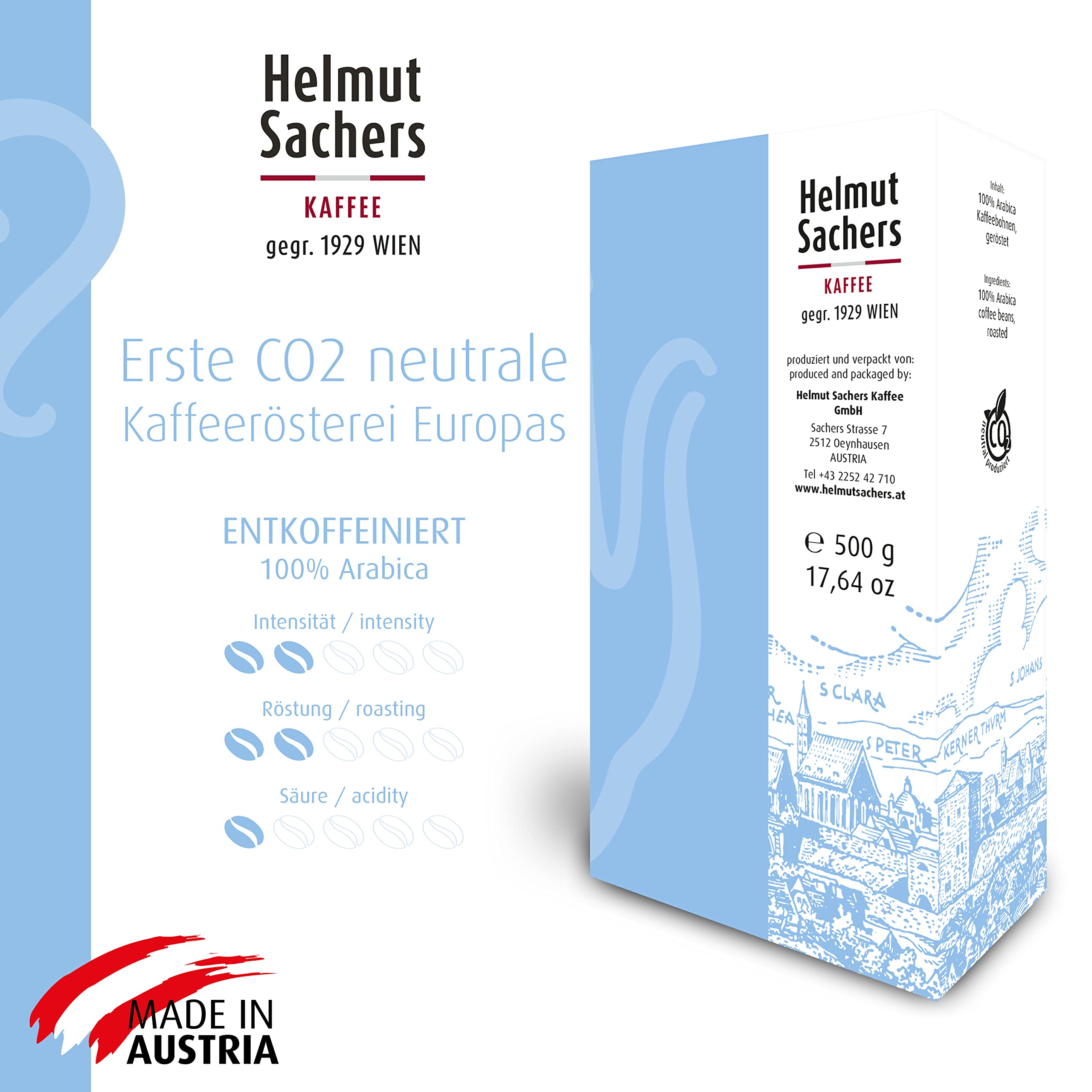 Helmut Sachers Kaffee - bezkofeinowe, delikatnie bezkofeinowe ziarna columbia o pełnym smaku, trwale palone w Austrii – mielone, 6 x 500 g