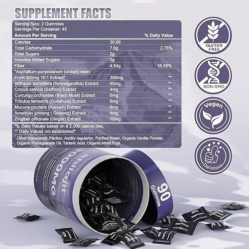 Miniatura 2 de Gomitas puras de Shilajit del Himalaya para hombres y mujeres, 100% naturales y orgánicas, más de 85 minerales traza y ácido fúlvico, 90 unidades,