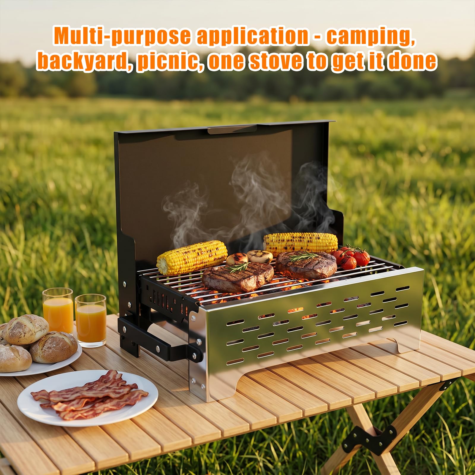 GFTIME Klappgrill Camping Grill Holzkohlegrill Tischgrill für Outdoor BBQ, Edelstahl Tragbar Faltbar Grill mit Tragetasche für Camping, Picknick, Gartenkochen und Terrasse