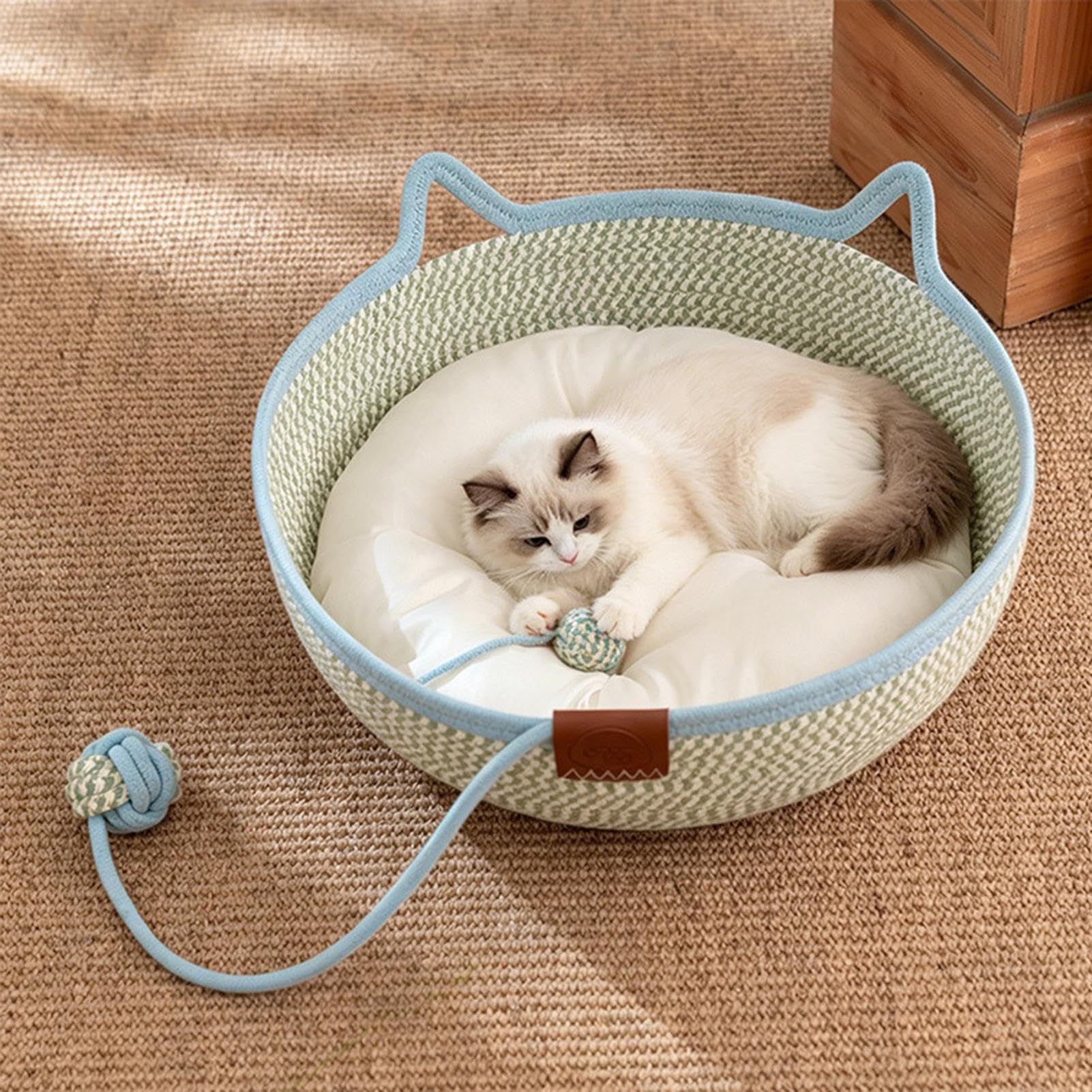 Katzenbett Handgewebter Korb aus Baumwollseil mit Spielzeugschwanz