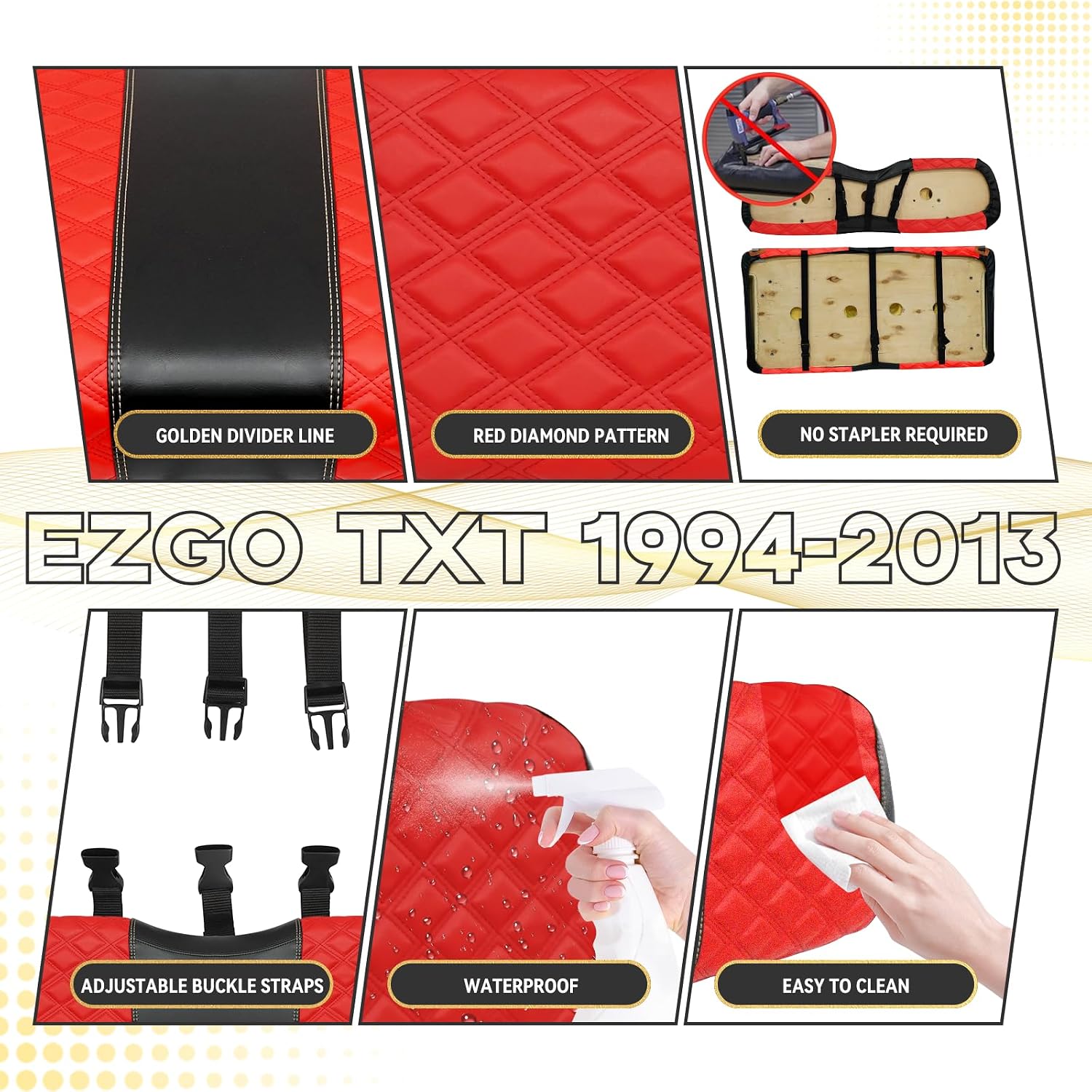 EZGO TXT Seat Covers, EZGO TXT Golf Cart Seat Covers for 1994-2013 EZGO TXT OEM Ordinary Seat, Marine Grade Vinyl Leather, Anti-Scratch/Anti-Fading/Easy to Install, Diamond/Red
