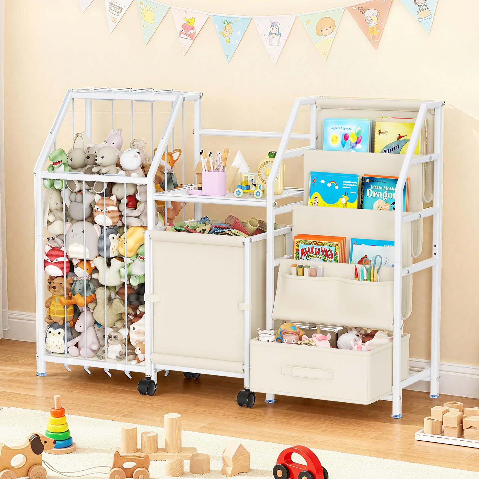 Libreria per bambini con ruote e cassetto, scaffale giocattolo con 4