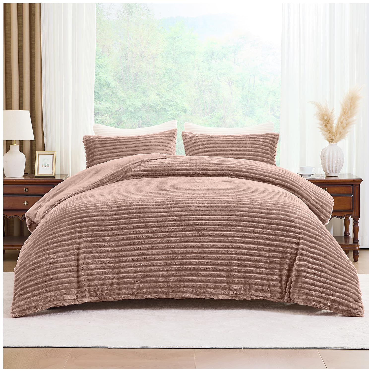 GC GAVENO CAVAILIA Ribbed Fleece Duvet Cover Single | Thermal Warm Polyester Single Duvet Cover Set With Pillow Case | Washable Cozy Fluffy Quilt Cover Winter Bedding Set 135x200 Cm, Mink