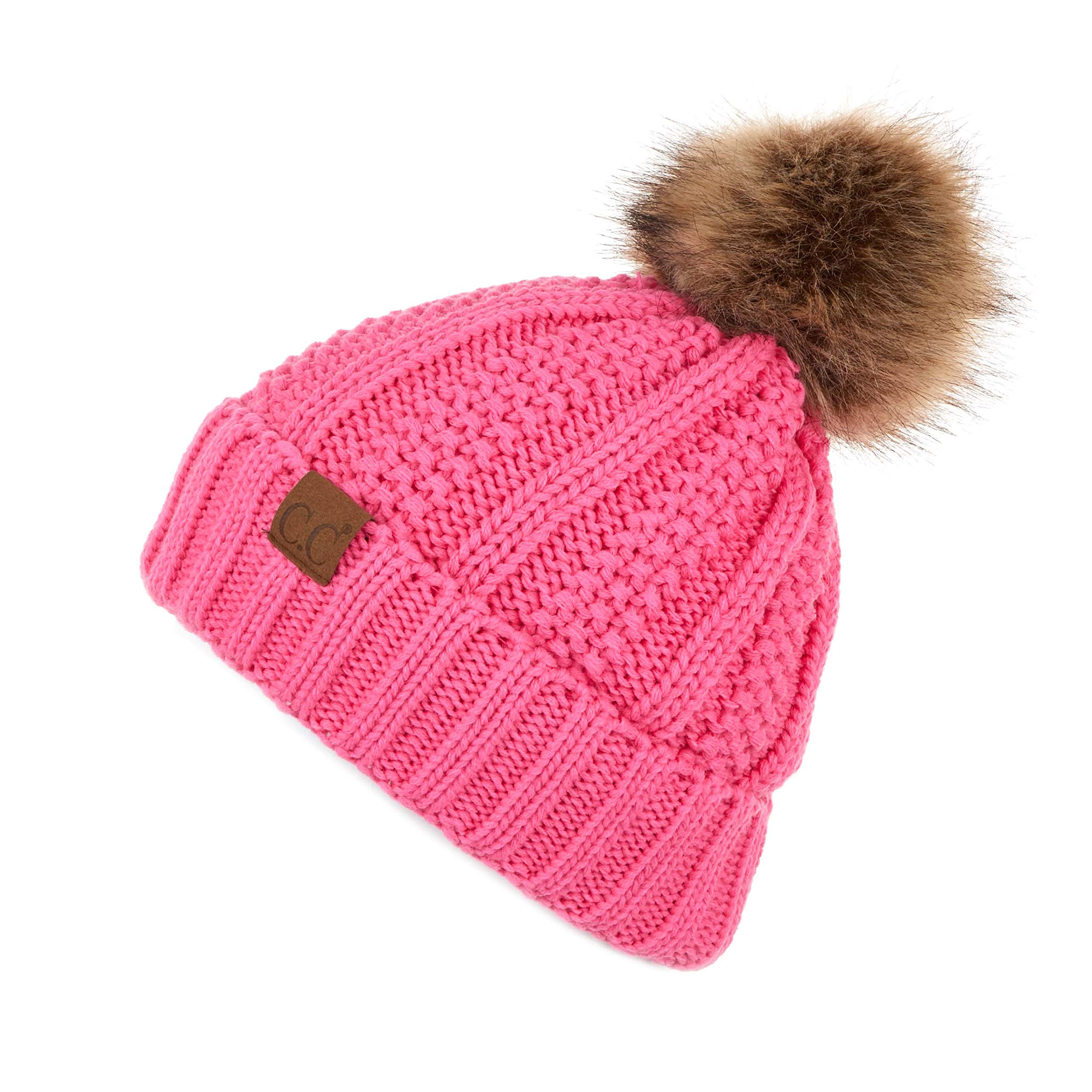 C.C Exclusives Fuzzy Lined Knit Fur Pom Beanie Hat (YJ-820)