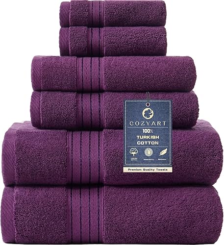 COZYART - Juego de 6 toallas de baño de algodón turco, color morado, suaves, absorbentes, duraderas, 19.17 ozyd, incluye 2 toallas de baño grandes,