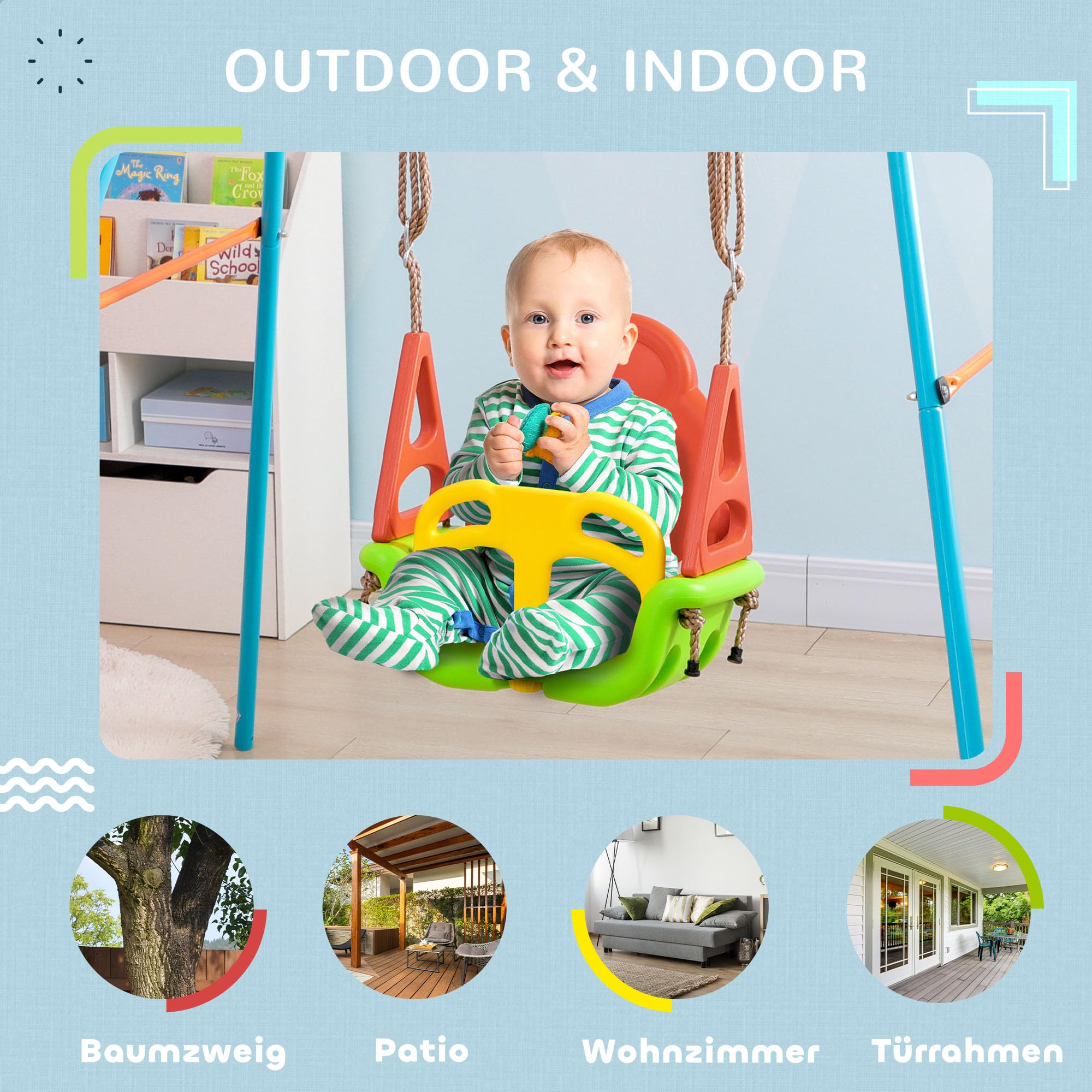 Outsunny Babyschaukel 3 in 1 Kinderschaukel Babysitz verstellbar Mitwachsend Schaukelsitz mit Rückenlehne, für Kinder von 9-36 Monaten, für Outdoor & Indoor, Grün