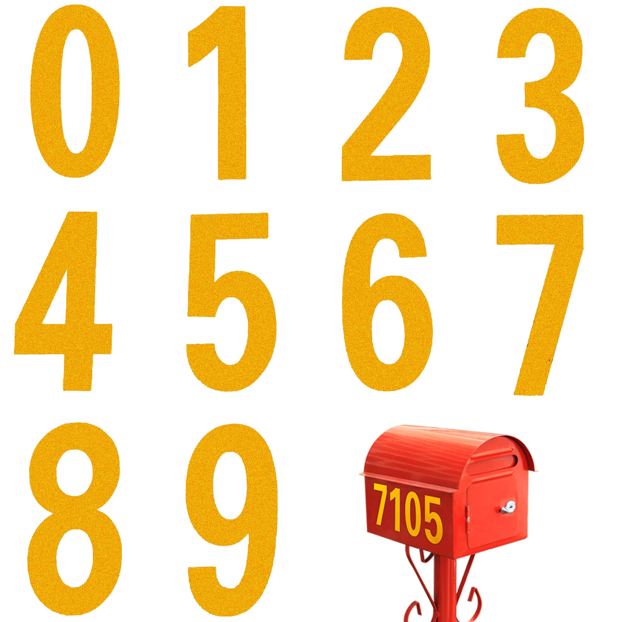 Montkava Gold 4 Inch Reflective Mailbox Number Decals, Reflective House Address Numbers, Quick and easy installation, Easy Alignment, Self Adhesive Vinyl Decal Address Numbers for Houses (Two Sets of 10 numbers - 0 through 9) (Gold)