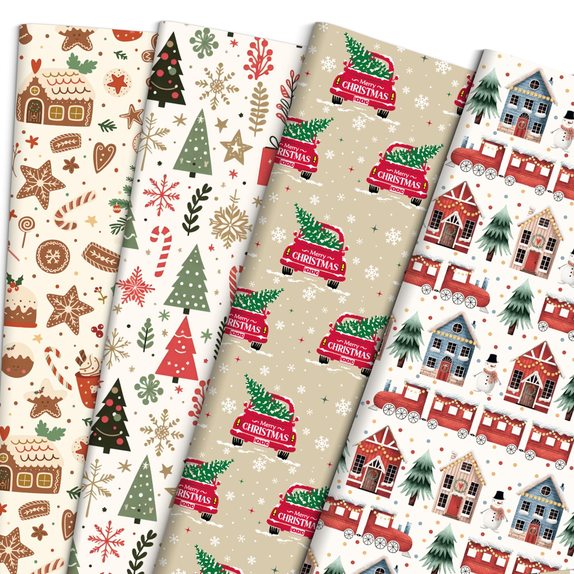 ZDSPIDE Weihnachts-Geschenkpapier-Set für Kinder und Erwachsene, 12 Jumbo-Blätter (50 x 69,8 cm), Urlaubs-Geschenkpapier mit Lebkuchenhaus, Aquarell-LKW, Weihnachtsbaum und Zug