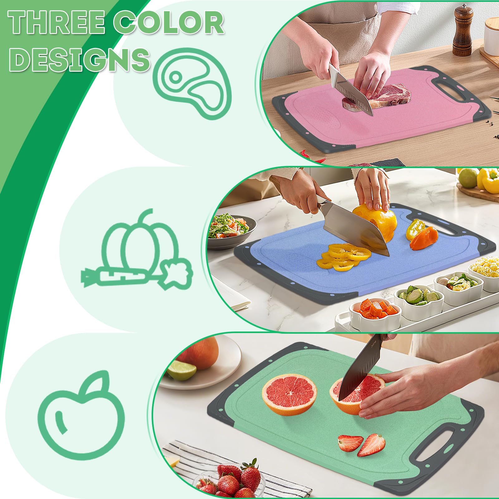 Tagliere in Plastica, Set di 3 Taglieri Cucina Professionale, senza BPA, con Scanalatura del Succo e Manico, Tagliere da Cucina Antiscivolo Facile da Pulire e Antibatterico per Verdure, Frutta,Carne