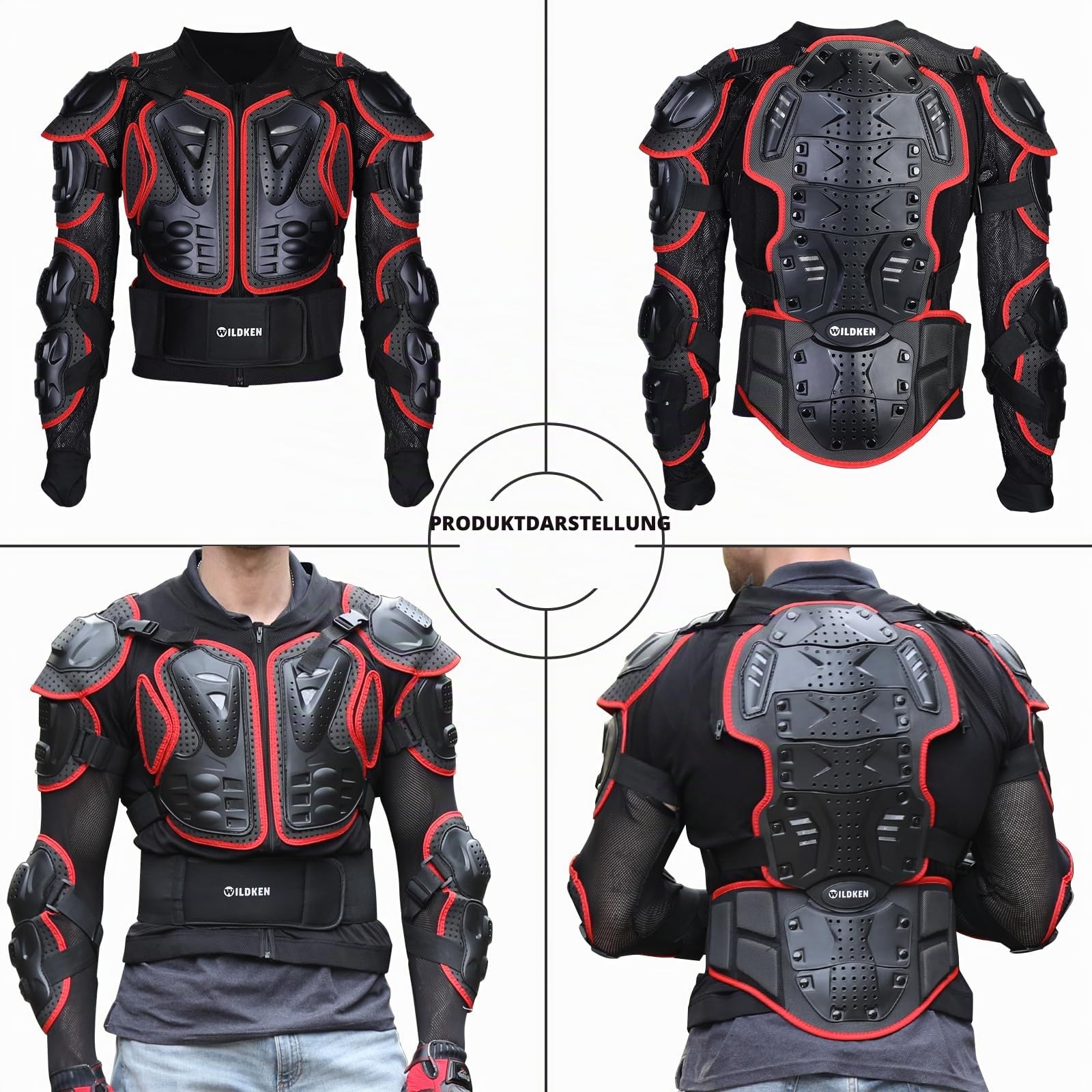 Wildken Motorrad Schutz Jacke Pro Motocross ATV Protektorenjacke mit Rückenprotektor Scooter MTB Enduro für Damen und Herren (Rot & Schwarz, M)