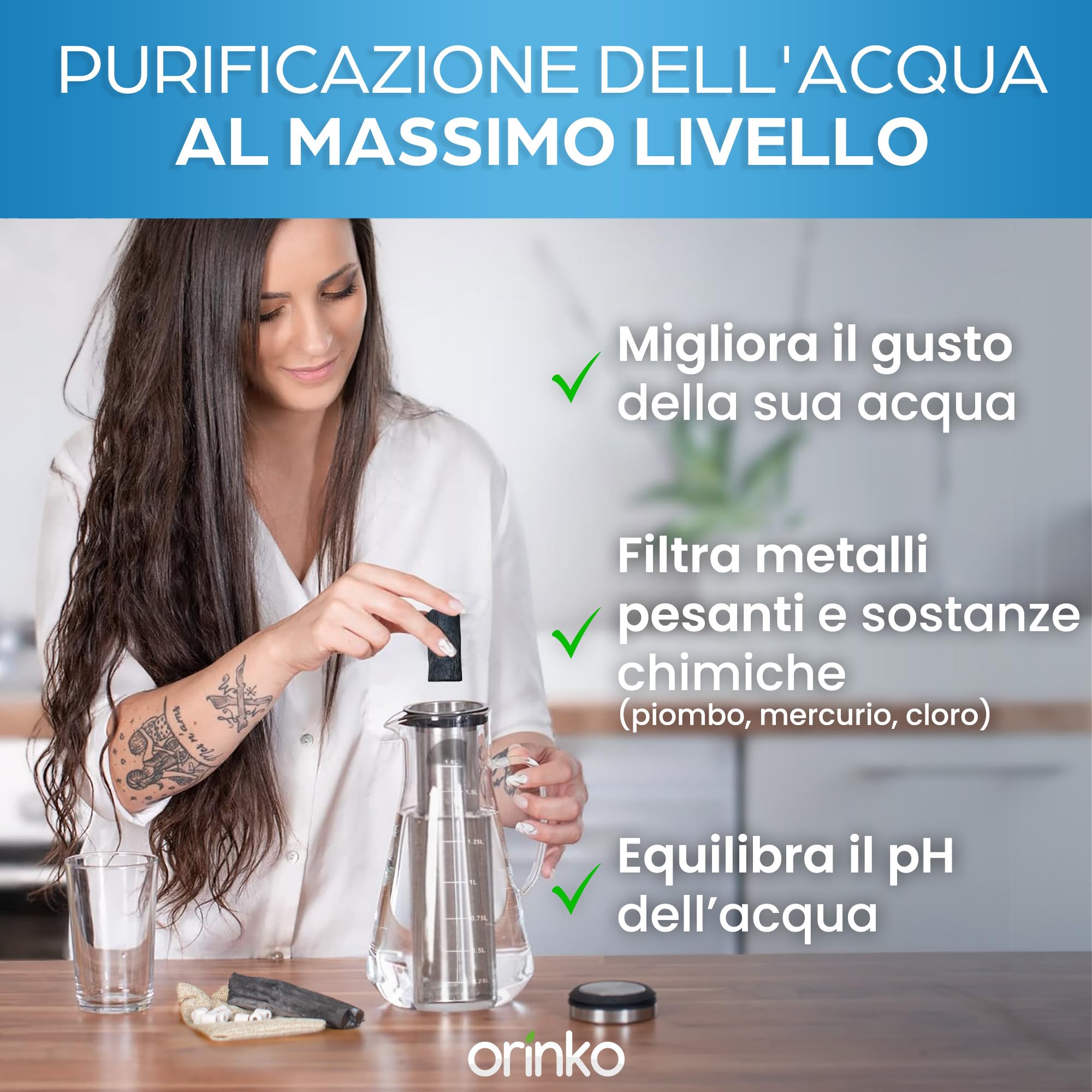 ORINKO® Caraffa Filtrante 1,6L in Vetro con Carbone Attivo x1 e Perle Ceramica EM x15 - Kit Filtro Acqua con Filtro Inox - Acqua Pura, Gusto Neutro e Cucina Sostenibile Zero Plastica