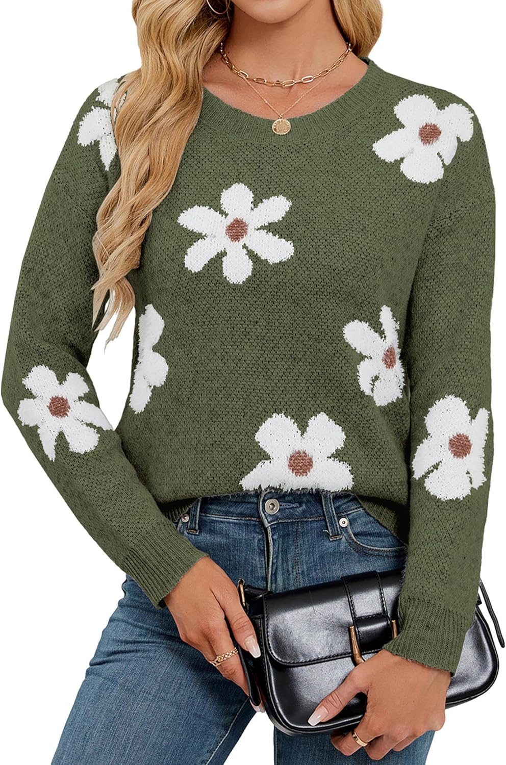 Womens Oversized Cute Flower Sweater Winter 2025 Trendy Ladies Dressy Fuzzy Knit Crew Neck Long Sleeve Pullover Top