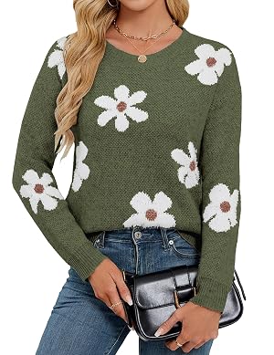 Womens Oversized Cute Flower Sweater Winter 2025 Trendy Ladies Dressy Fuzzy Knit Crew Neck Long Sleeve Pullover Top