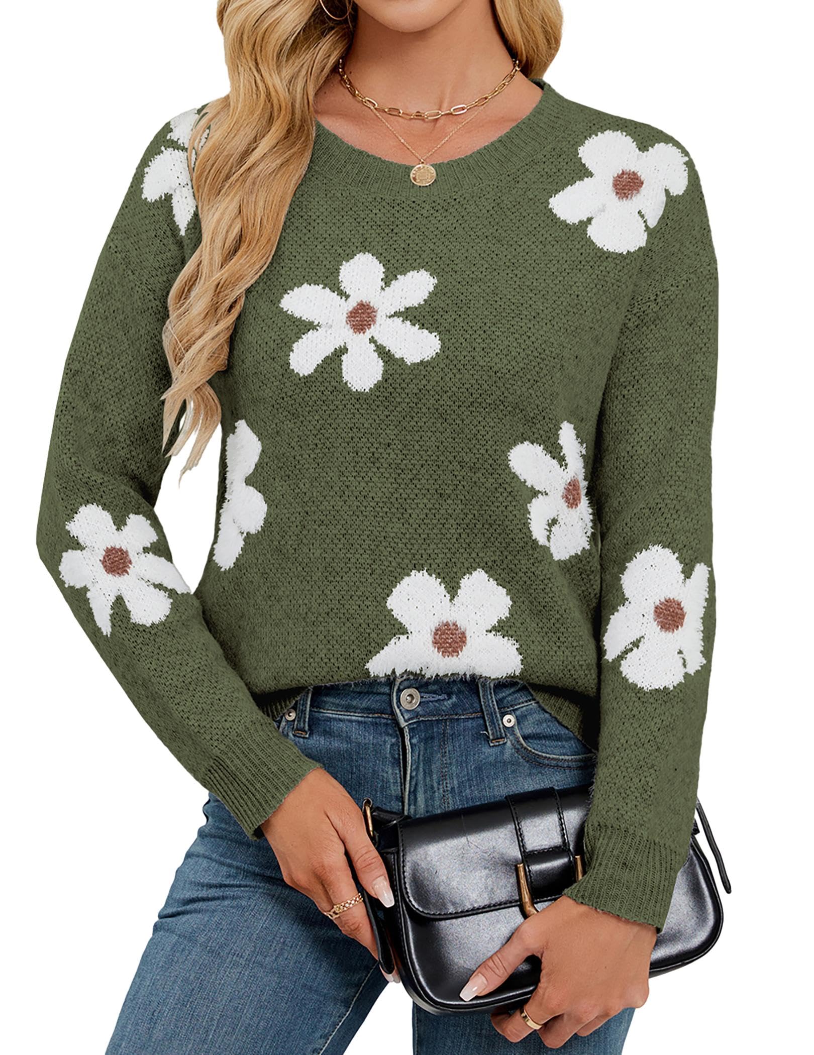 Womens Oversized Cute Flower Sweater Winter 2025 Trendy Ladies Dressy Fuzzy Knit Crew Neck Long Sleeve Pullover Top
